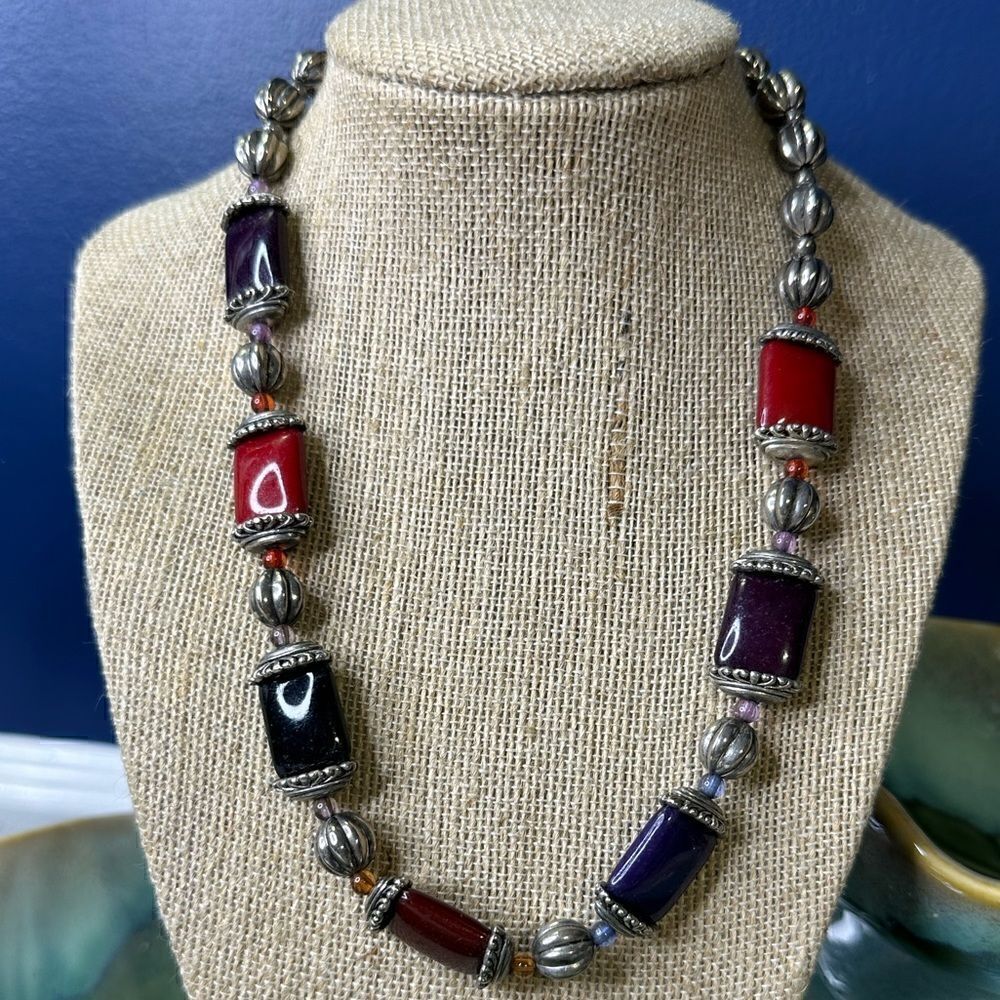 Multi Color Glass Statement Necklace Silver Tone